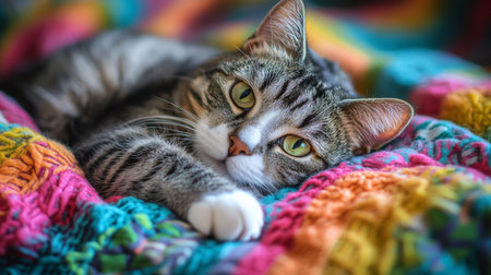 Chubby cat resting on a colorful blanket, its paws tucked underneath, with a soft expression in its eyes.の素材