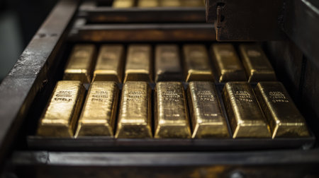 Close-up of a collection of gold bars arranged in a secure vault, with the emphasis on their lustrous surfaces and the secure environment.の素材