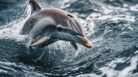 Close-up of a dolphina face as it surfaces and sprays water, capturing the playful and intelligent expression with the ocean backdrop.の素材