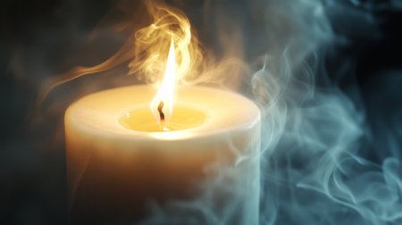 Close-up of a candlea flame, with the soft glow illuminating the surrounding smoke, capturing the delicate interplay of light and shadow.の素材
