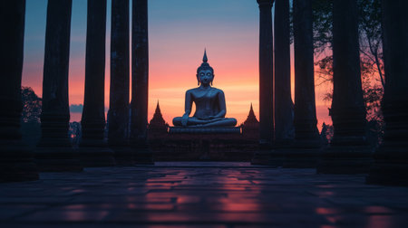 The silhouette of a Buddha statue framed by traditional temple architecture, with soft twilight lighting enhancing the peaceful and contemplative mood.の素材