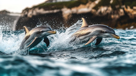 Dolphins engaging in a game of chasing each other, with their bodies partially out of the water and creating dynamic splashes in a vibrant sea environment.の素材