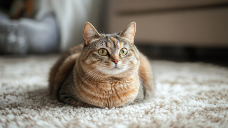 Overweight cat sitting on a plush carpet, its fur blending in with the soft textures, looking comfortable and at easeの素材