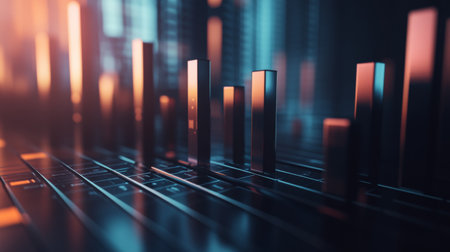 An artistic representation of a 3D bar chart with shadow effects, emphasizing the depth and texture of each bar, set against a modern, minimalistic background for a high-tech feel.の素材