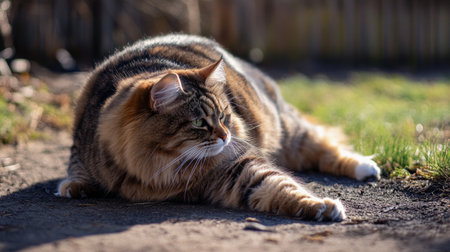 Overweight cat stretching out on a sunny spot, its body elongated with visible rolls of fur.の素材