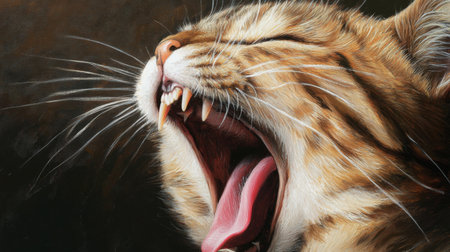 Close-up of a fat cat face as it yawns, revealing its small teeth and pink tongueの素材