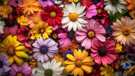 An artistic overhead view of a bouquet of mixed wildflowers, with petals spread out to create a visually pleasing pattern and vibrant color contrast.の素材