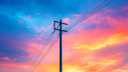 Close-up of a single electricity pole with power lines and insulators, set against a dramatic sunset sky with vibrant colors.の素材