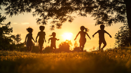 Silhouettes of children playing in a park at sunset, with their shadows elongated and the warm, glowing sky in the background.の素材