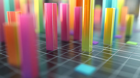 A close-up of a 3D bar graph displaying financial data with vibrant, colorful bars rising above a grid, showcasing the dynamic nature of investment trends.の素材