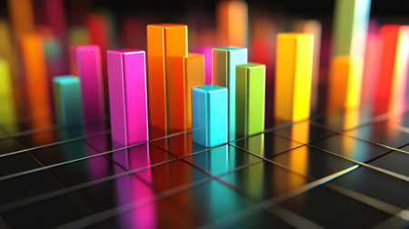A close-up of a 3D bar graph displaying financial data with vibrant, colorful bars rising above a grid, showcasing the dynamic nature of investment trends.の素材