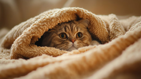A chubby cat nestled in a cozy blanket, with only its round face and ears peeking out, emphasizing its love for warmth and comfort.の素材