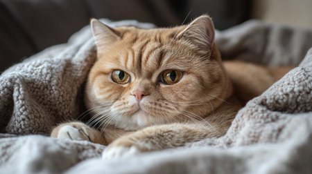 A close-up of a chubby cat lounging on a cozy blanket, with a playful expression and round cheeks, highlighting its adorable and relaxed demeanor.の素材