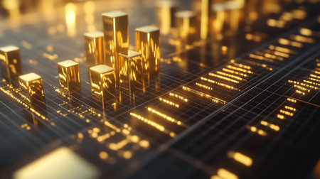 A close-up of a 3D gold bar chart on a digital screen, with gleaming gold bars rising from a grid, representing financial or investment data with a luxurious touchの素材