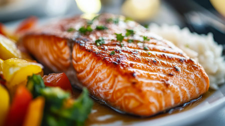 A close-up of a salmon steak being served with a side of vegetables and rice, with a focus on the perfectly cooked texture and garnishing detailsの素材