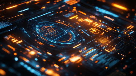 A close-up of a 3D holographic display showing intricate data and graphs, with bright, glowing elements and a futuristic interface.の素材