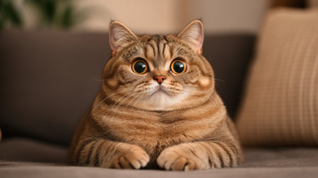 A chubby cat sitting upright with its paws tucked under its chest, its large round eyes staring directly into the camera, creating an endearing and humorous image.の素材