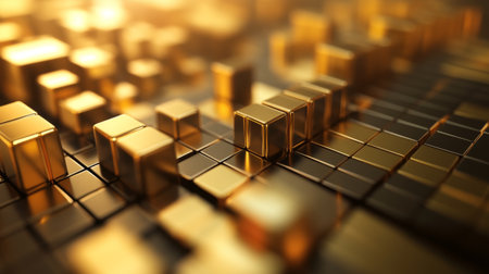 A close-up of a 3D gold histogram with golden bars of varying heights, representing data distribution across different categories with a touch of luxury.の素材