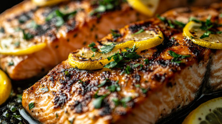 A close-up of a beautifully grilled salmon fillet with crispy skin, garnished with fresh herbs and lemon slices, highlighting its texture and delicious appearance.の素材