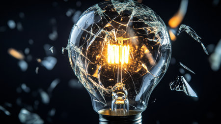 A close-up of a broken light bulb with shattered glass and a dimly lit filament, highlighting the fragility and the remnants of its light-emitting function.の素材