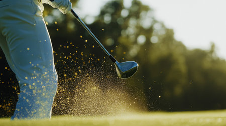 A close-up of a golfer's swing captured mid-motion, with the club in full follow-through and the golf ball in flight, emphasizing the power and skill involved.の素材
