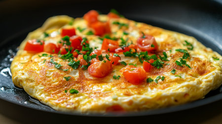 A close-up of a non-stick frying pan with a vibrant omelet being flipped, highlighting the smooth surface and even cooking with minimal oil.の素材