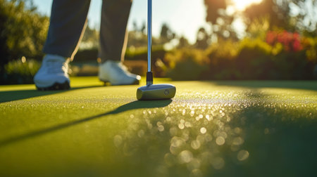 A close-up of a golfer's hand gripping a putter with a focused expression, framed by the putting green and surrounding landscape, capturing the precision of the game.の素材