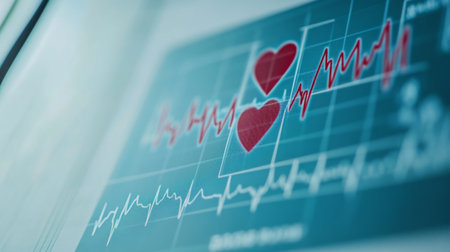 A close-up of a medical chart with a heartbeat graph and associated health metrics, illustrating the importance of monitoring heart health in patient care.の素材