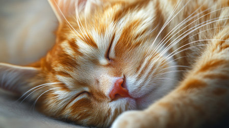 A close-up of a rotund cat's face as it sleeps peacefully, its whiskers twitching slightly, capturing the tranquility of a catnap.の素材