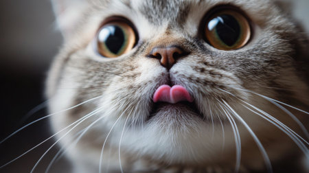 A close-up of a fat cat's face with its tongue sticking out slightly, capturing a candid and playful moment that showcases its quirky personality.の素材