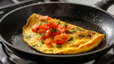 A close-up of a non-stick frying pan with a vibrant omelet being flipped, highlighting the smooth surface and even cooking with minimal oil.の素材