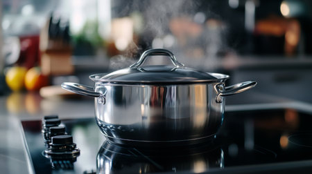 A close-up of a shiny stainless steel pot with a lid slightly ajar, showing a hint of steam escaping, set on a modern stovetop with a blurred kitchen background.の素材