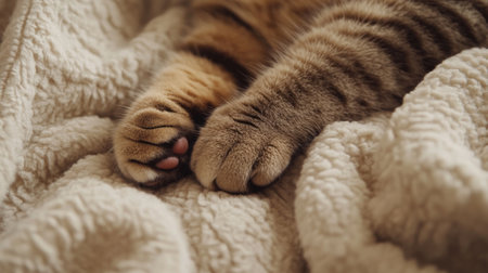 A close-up of a fat cat's paws as it kneads a soft blanket, its chunky legs and gentle movements highlighting the comforting behavior.の素材