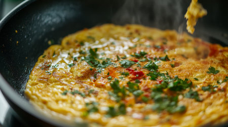 A close-up of a non-stick frying pan with a vibrant omelet being flipped, highlighting the smooth surface and even cooking with minimal oil.の素材