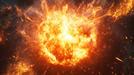 A close-up of a fireball erupting from an explosion, with vivid flames and a bright, glowing core, emphasizing the heat and force of the blast.の素材