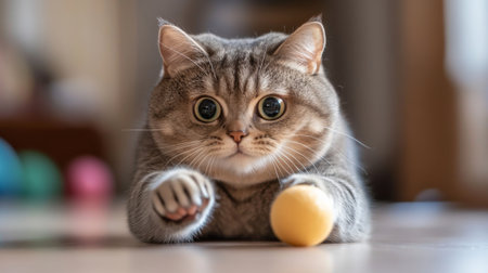 A close-up of a chubby cat playfully batting at a toy, with its round face and chubby paws in focus, highlighting its playful and affectionate nature.の素材