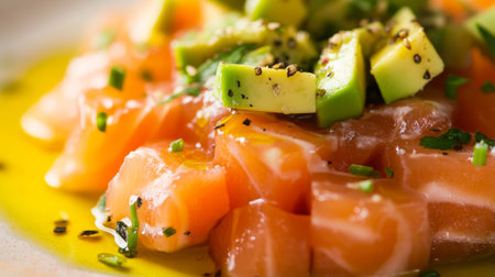 A close-up of a salmon tartare with finely diced raw salmon, avocado, and a drizzle of olive oil, highlighting the freshness and presentation of this dish.の素材
