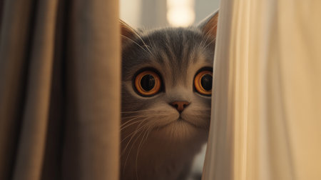 A close-up of a chubby cat peeking out from behind a curtain, with its curious eyes and rounded body partially visible, showcasing its playful and charming personality.の素材
