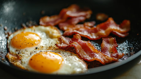 A close-up of a frying pan with a crispy breakfast bacon and eggs, showcasing the well-seasoned surface and the deliciously cooked food.の素材