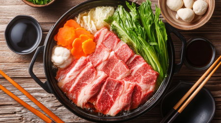 A close-up of a shabu-shabu meal from above, showcasing thinly sliced beef and fresh vegetables cooking in a bubbling hot pot, with chopsticks and dipping sauces on the side.の素材