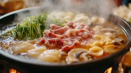 A close-up of a hot pot with an assortment of sliced meats and vegetables, showing the vibrant and fresh ingredients as they cook in the steaming broth.の素材