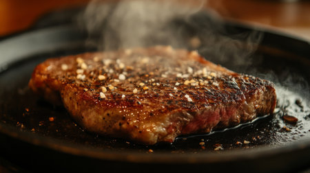A close-up of a sizzling steak on a hot skillet, with steam rising from the perfectly cooked meat and the seared crust, showcasing the juicy and flavorful dish.の素材