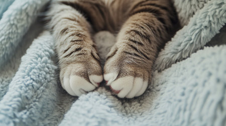 A close-up of a fat cat's paws as it kneads a soft blanket, its chunky legs and gentle movements highlighting the comforting behavior.の素材