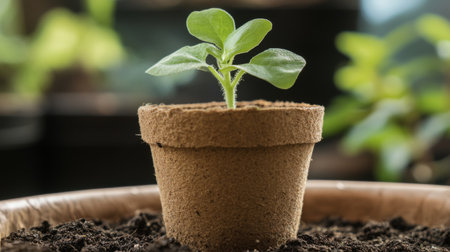 A close-up of a seedling in a biodegradable pot, ready to be planted, with the tender leaves and roots visible against the soft texture of the pot.の素材