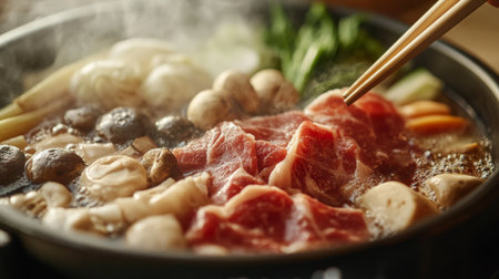 A close-up of a simmering shabu-shabu pot with assorted ingredients such as meat slices, vegetables, and mushrooms, with steam rising and chopsticks ready for use.の素材