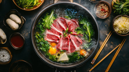 A close-up of a shabu-shabu meal from above, showcasing thinly sliced beef and fresh vegetables cooking in a bubbling hot pot, with chopsticks and dipping sauces on the side.の素材