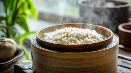 A close-up of a bamboo steamer basket with hot, steaming rice inside, with a rustic background and visible grains, showcasing traditional cooking methods.の素材