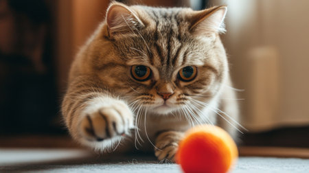 A close-up of a chubby cat playfully batting at a toy, with its round face and chubby paws in focus, highlighting its playful and affectionate nature.の素材