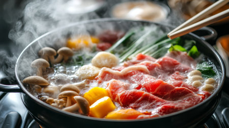 A close-up of a simmering shabu-shabu pot with assorted ingredients such as meat slices, vegetables, and mushrooms, with steam rising and chopsticks ready for use.の素材