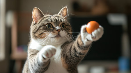 A close-up of a chubby cat playfully batting at a toy, with its round face and chubby paws in focus, highlighting its playful and affectionate nature.の素材